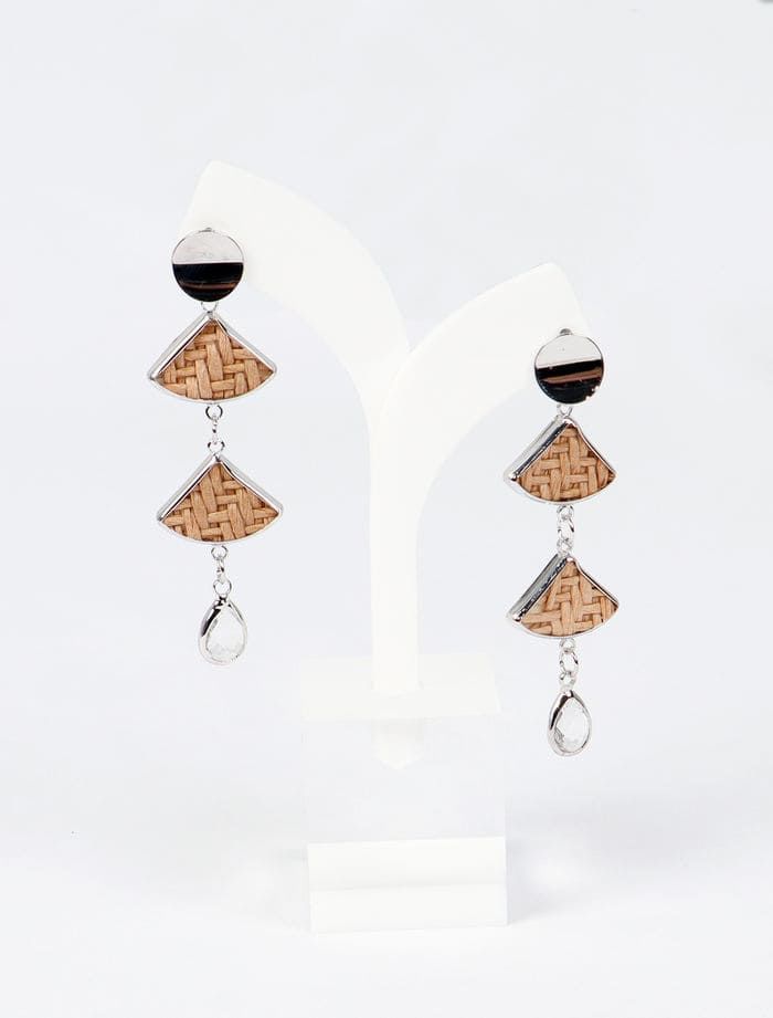 Hanging earrings with a triangle design, with a wooden decor, with a crystal pendant