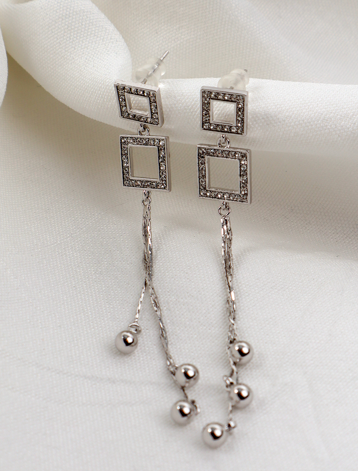 Drop earrings with a crystal square design with ball pendants