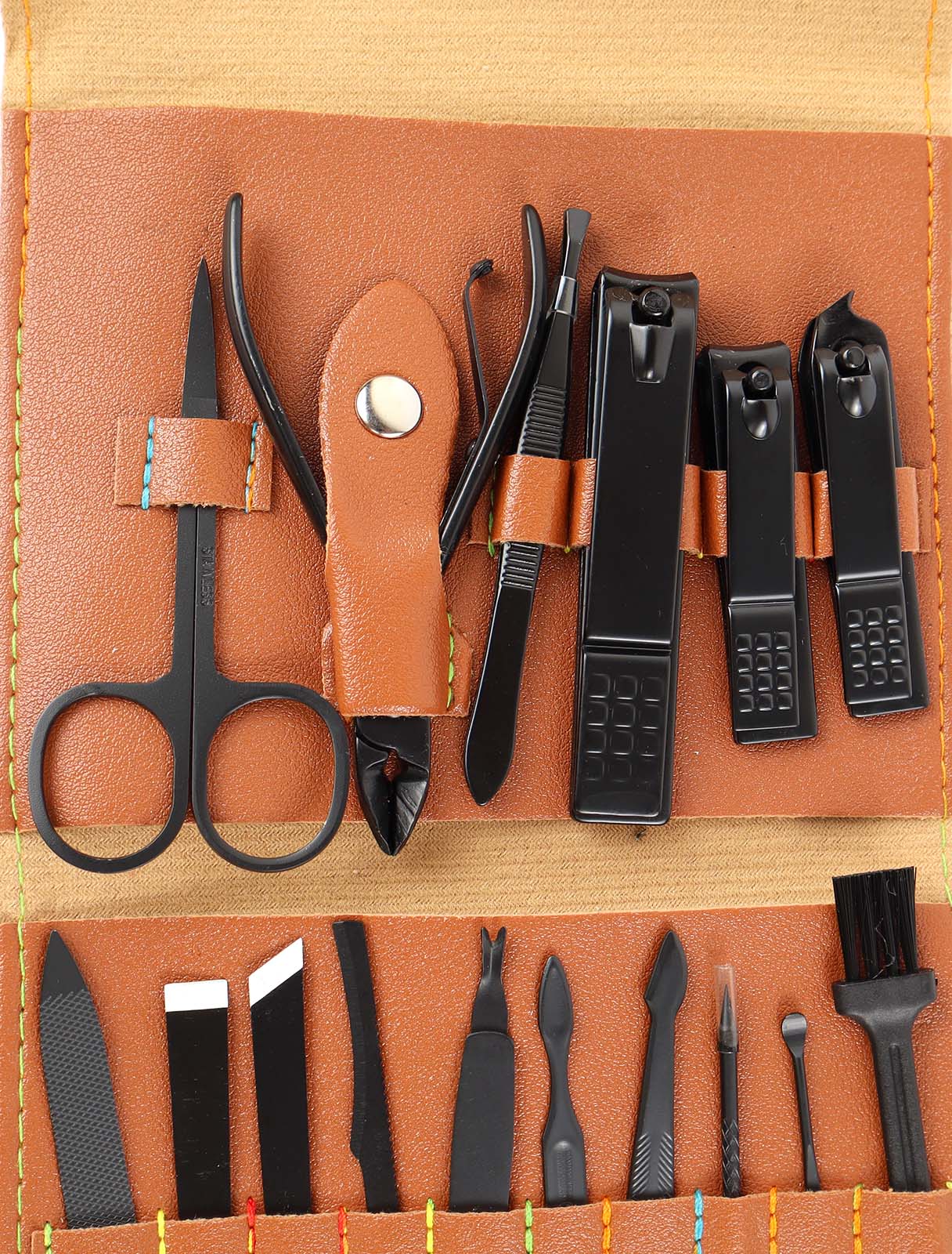 16-piece nail clipper set with a leather case